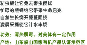 粘虫板让它免去害虫侵扰,忙碌的熊蜂给它带来生命启兆,自然生长绕开藤蔓阻挠,凌晨采摘使它汁水丰饶;功效：清热解毒、对美体有一定作用;产地：山东峡山国家有机产品认证示范区